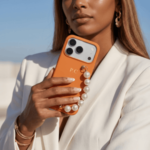 Orange Leather Magnetic iPhone Case with Pearl Strap - Poly Bands