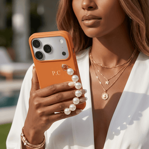 Orange Leather Magnetic iPhone Case with Pearl Strap - Poly Bands