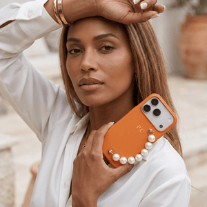 Orange Leather Magnetic iPhone Case with Pearl Strap - Poly Bands