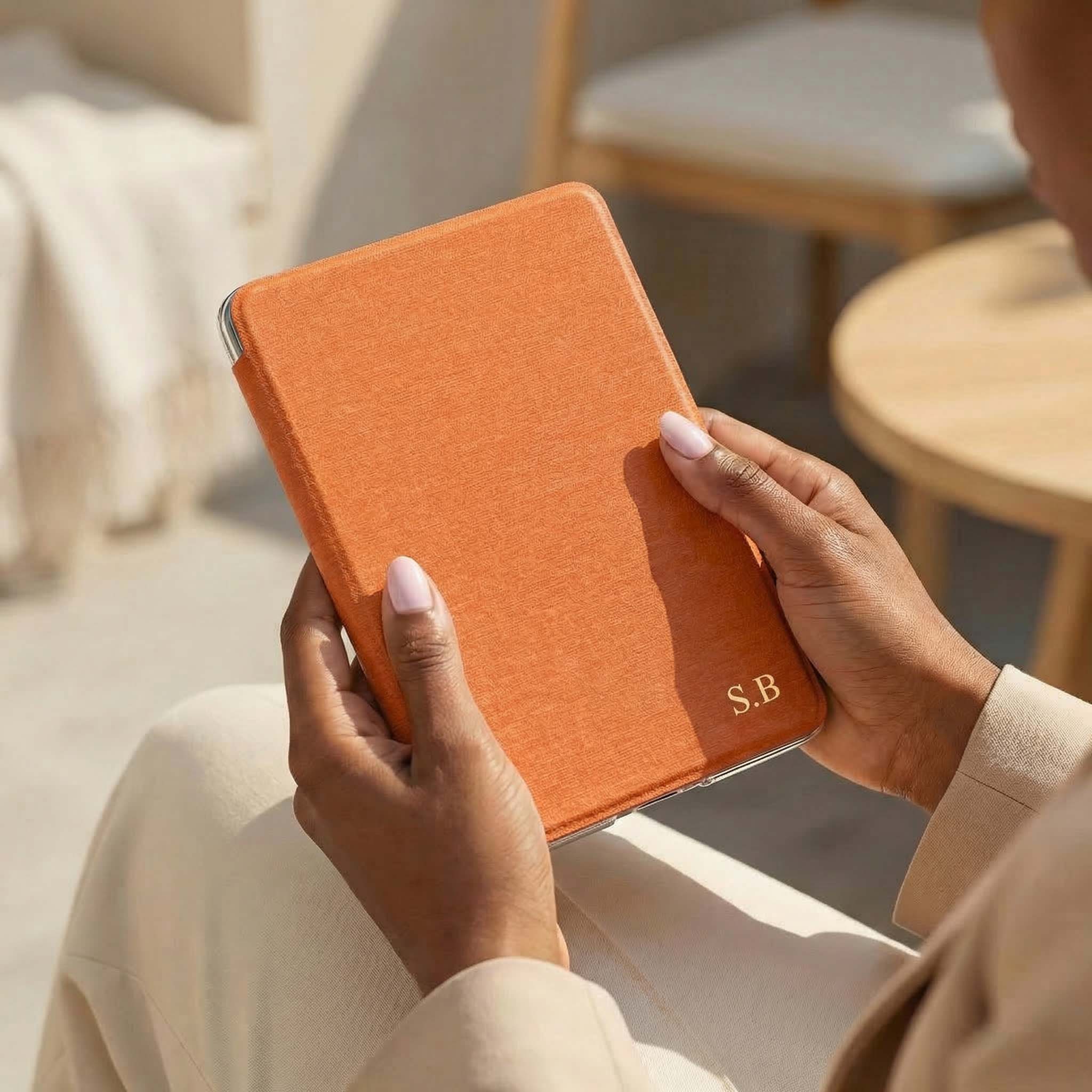 Orange Textured Leather Kindle Case with Hand Strap - Poly Bands