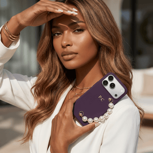 Purple Leather Magnetic iPhone Case with Pearl Strap - Poly Bands