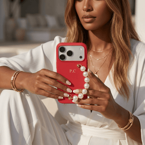 Red Leather Magnetic iPhone Case with Pearl Strap - Poly Bands