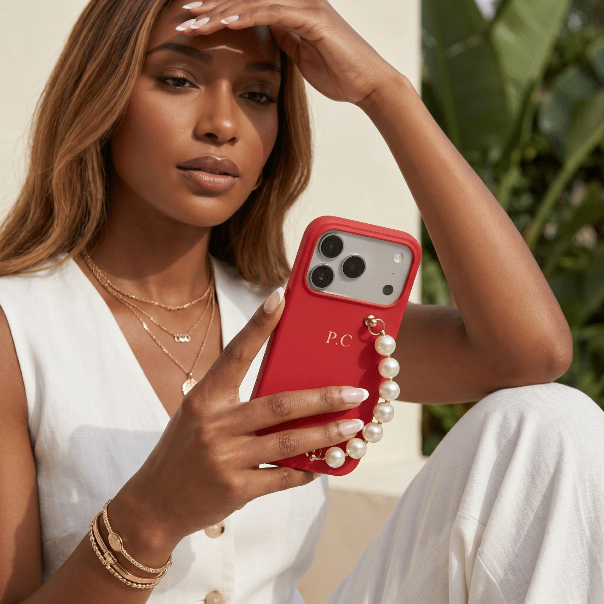 Red Leather Magnetic iPhone Case with Pearl Strap - Poly Bands
