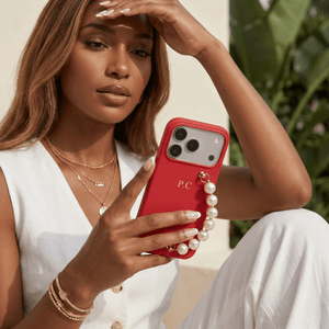 Red Leather Magnetic iPhone Case with Pearl Strap - Poly Bands