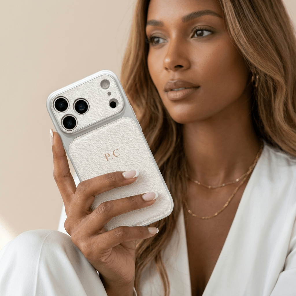 White Personalized iPhone Case With Leather - Poly Bands