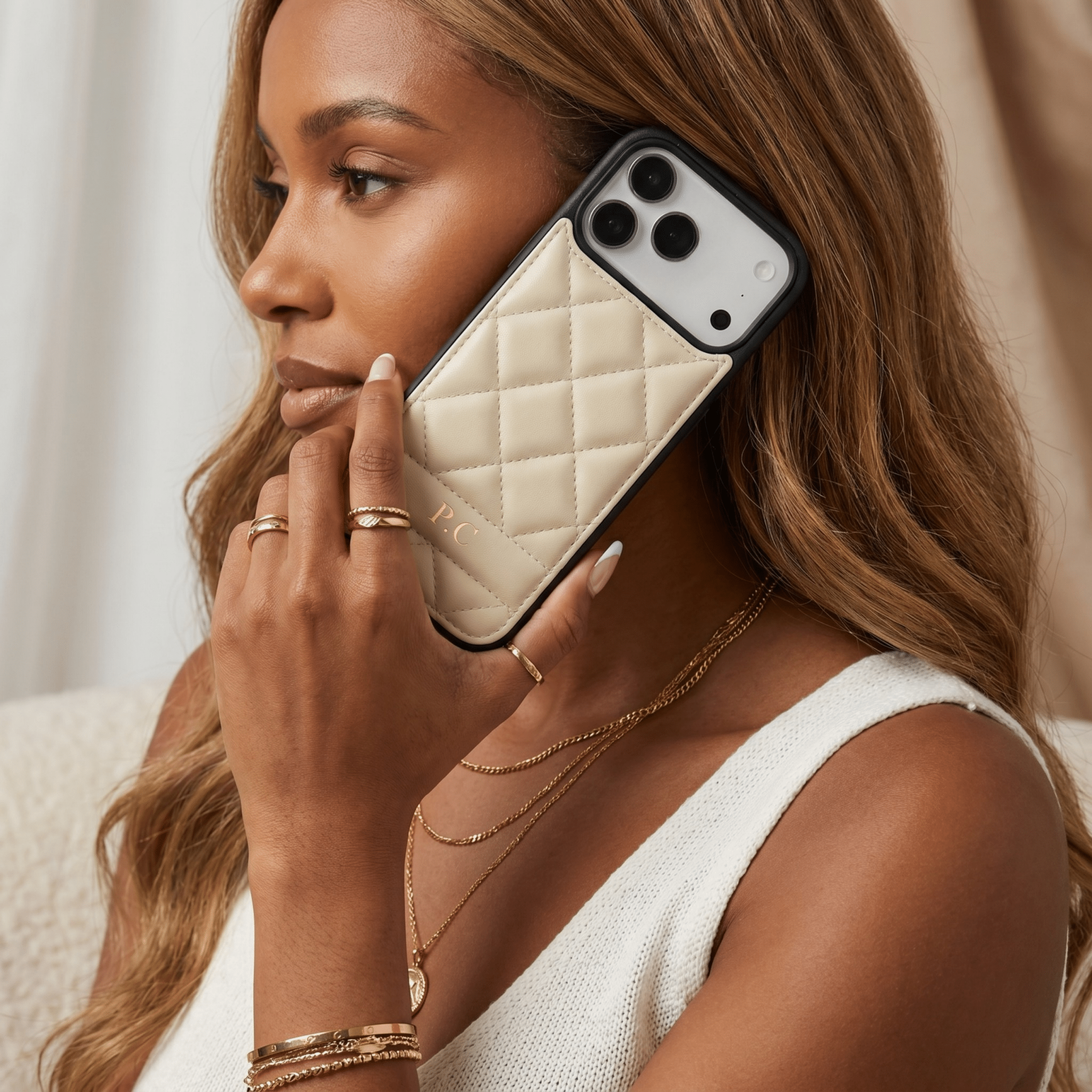 White Stitched Leather iPhone Case - Poly Bands