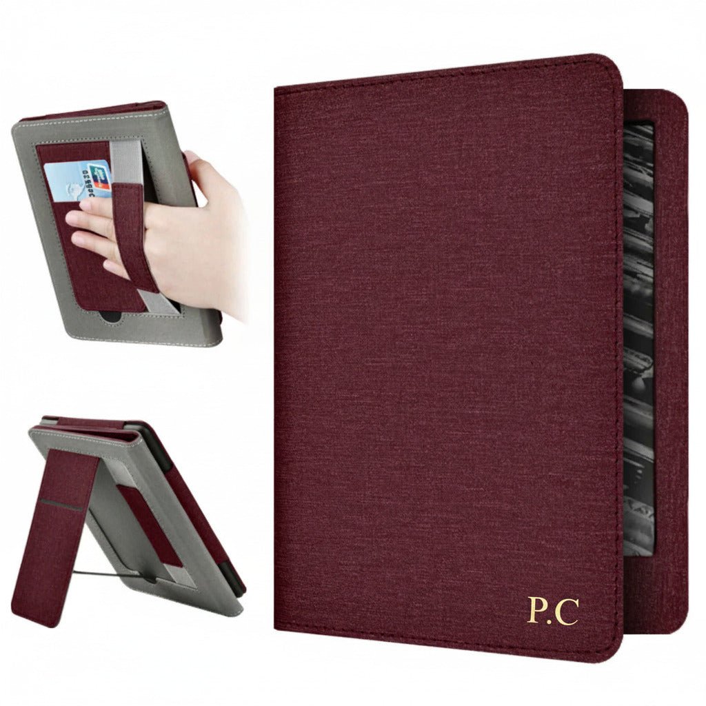 Wine Leather Kindle Case with Hand Strap and Stand - Poly Bands